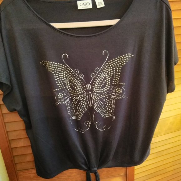 🔥 CLOSING SALE PLUS BUTTERFLY BLUE BEADED TIE-FRONT SHIRT SZ 18/20 - Picture 3 of 6